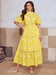 Simplee Plus Size Women's Spring/Summer New Elegant Floral Embroidery Decor Short Sleeve Ruffle Patchwork Maxi Dress, Suitable For Party And Wedding - Yellow - View 6