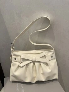 新款秋冬时尚百搭个性化褶皱蝴蝶结装饰女士手提包，优雅甜美风格，适合购物、作为钱包使用，也适合年轻女性、大学生、新婚夫妇、白领人士等。是办公室、学校、工作、商务、通勤、户外活动、旅行、郊游等各种场合的理想之选。 - 白色 - 查看 6