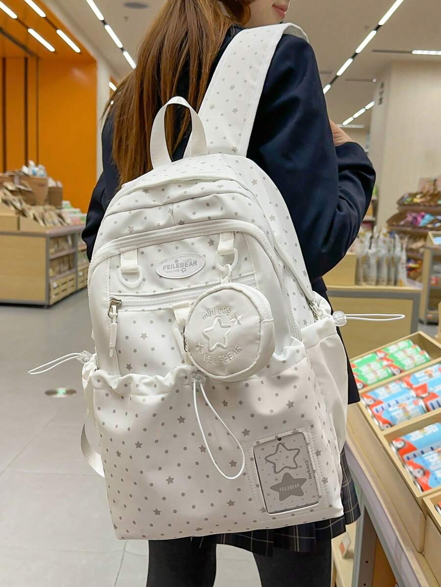 1个大容量防水波点星形印花侧袋抽绳多口袋功能背包,便携式学院风学生书包,带附属收纳袋,适合上学、上课、工作、购物、旅行、返校季等场合。 - 彩色 - 查看 1