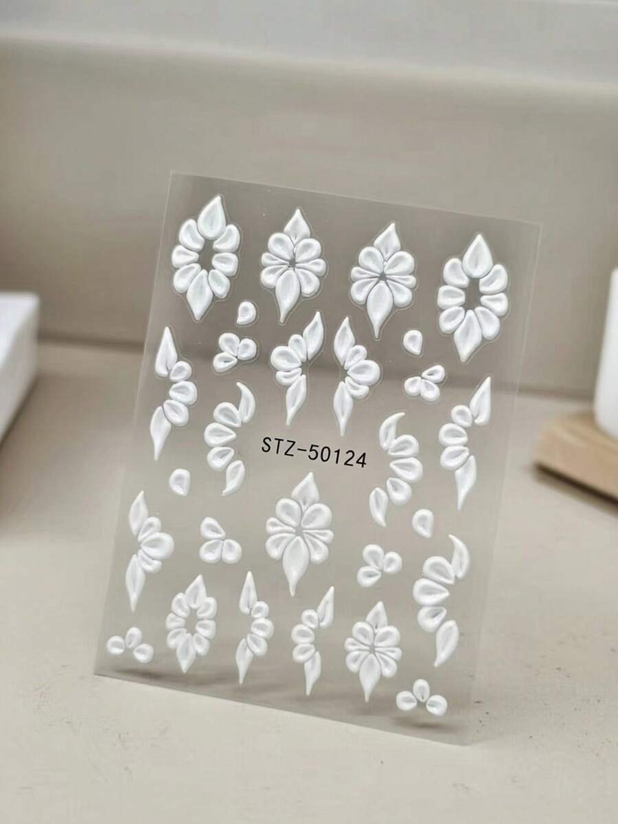 1 White Three-Dimensional Relief Hand Drawn Petal And Flower Design Nail Art Sticker, With Uniform Texture And Clear Layering, Can Replace Plastic Jewelry, Suitable For Nail Salons, Women, And Women's Personal DIY Use - trắng - Xem 1