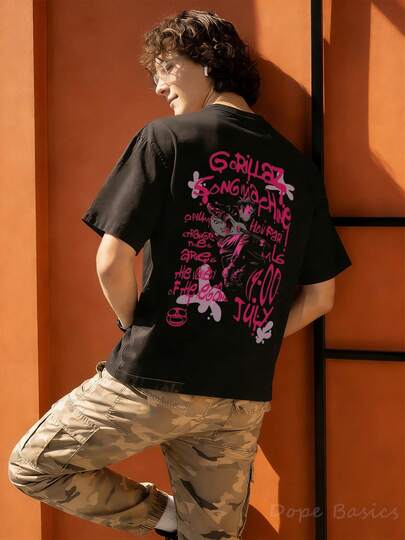 Graffiti Style Gorillazs Song Machine Black Double-Sided Graphic T Shirt For Men Clothes,Mens Holiday Clothes,Y2k,Tops,Band T Shirt,Anime Clothing,100%Cotton,Loose Tops,Comfortable And Breathable,Versatile,Innerwear Or Outfits,Sports, For Versatile Short Sleeve For Music Festivals & Band Shows,Mens Fashion Streetwear,Gifts For Men