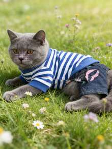 Spring/Summer New Pet Dog/Cat Clothes, Poodle, Bichon Frise, Teddy, Ragdoll Cat, Siamese Cat Denim Jeans, Blue Striped T-Shirt, Fashionable Patchwork - Blue - View 8
