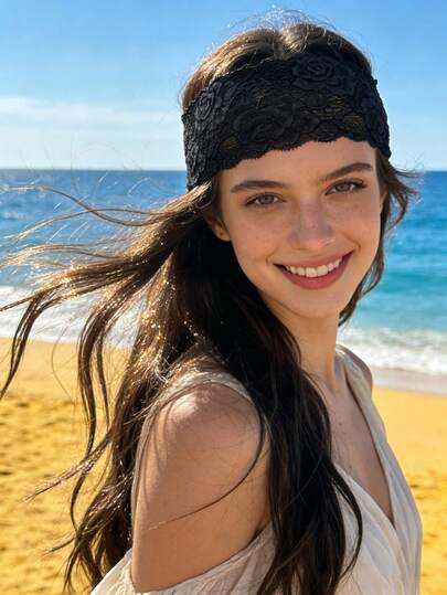 1Pc Elegant Wide Lace Headband, Solid Colors In Black/White/Grey/Burgundy, Floral Lace With Scalloped Edges For Daily Chic Women Bandanas Fashion Hair Accessories Elegant Hair Bands