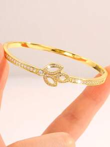 Camhanno 5/1pc Golden Jewelry Set, Elegant Copper Bangle, Perfect For Daily Commuting, Ideal Valentine's Day Gift With Intricate Woven , Subtle Sparkling - Gold - View 10