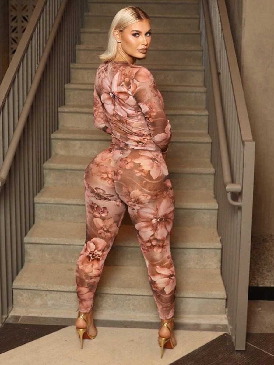 Women's Valentine Sexy Spice Two-Piece Set Flower Print Crew Neck Top High Waist Hip Trousers - Hồng - Xem 1