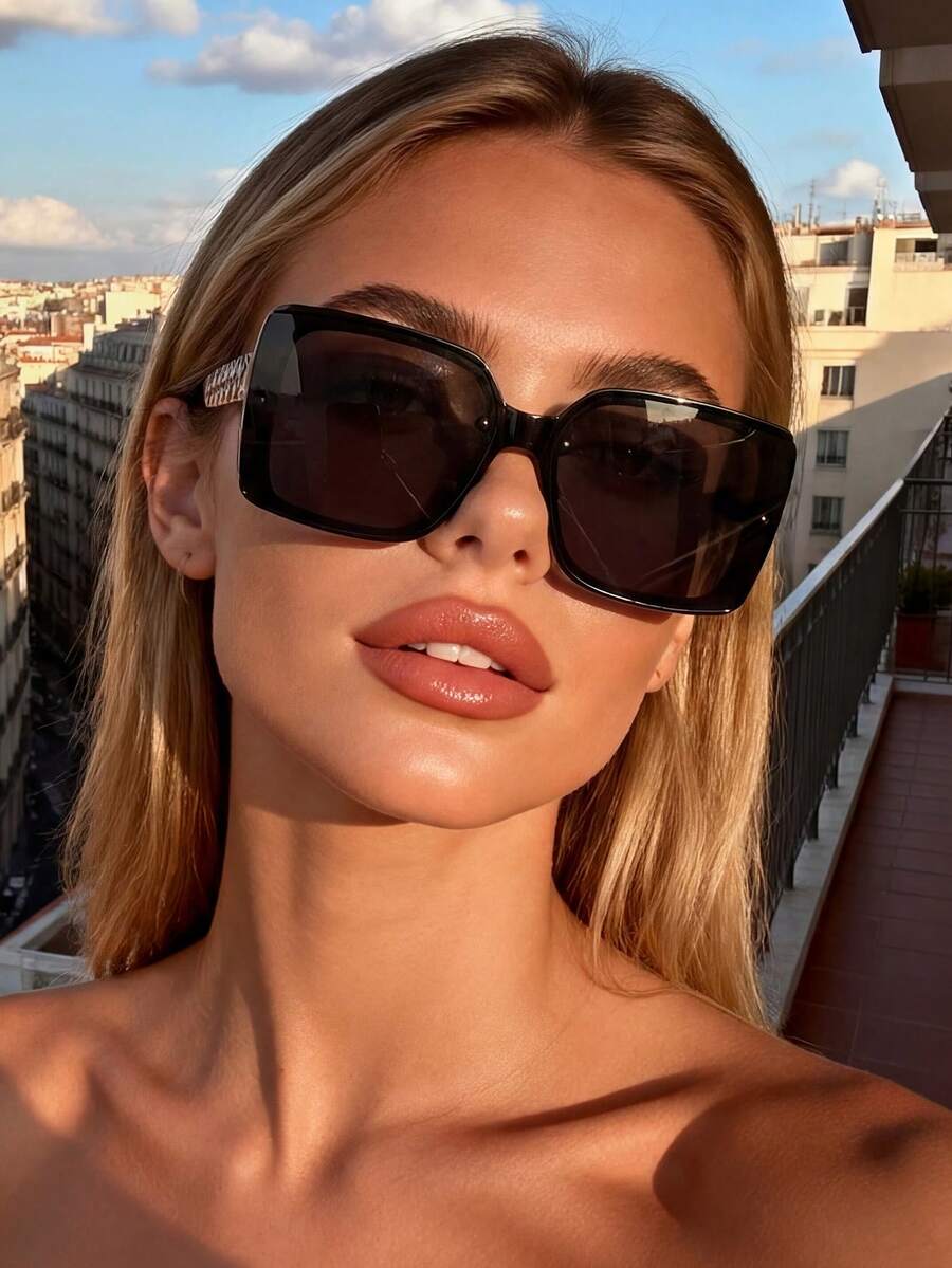 1 Pair Unisex Oversized Square Plastic Frame Fashion Glasses, Multi-Color Fashion Beach Glasses - Black - View 1