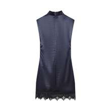 Women's Summer New V-Neck Sleeveless Mini Dress, Satin Contrast Lace, Slit Hem Elegant - Navy Blue - View 9