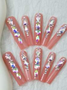CrystalHola Valentine's Day : 10 Handmade Press-On Nail Stickers, Square Long Nails, Pink Nail Surface With Sparkling Rhinestones, Full Coverage, Removable And Reusable, Long-Lasting , Unique Summer Nail Art, A Must-Have Fashion Accessory For Parties And Weddings. Nail Supplies - Multicolor - View 11