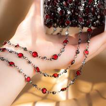 1m 6mm Red Glass Beaded Chain With Rhinestones, Copper Beaded Chain Suitable For DIY Gothic Style Clothing And Jewelry Necklaces, Bracelets - JTT1570 - View 1