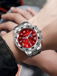 2件套简约商务男士石英表套装（含银色金属表带蓝色表盘罗马数字石英表+银色金属表带红色表盘罗马数字月相石英表） - 彩色 - 查看 2