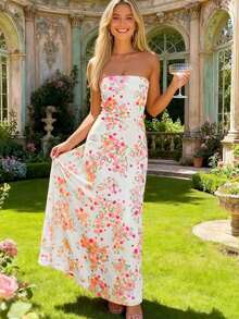 Valentine Outfits For WomenWomen's Floral Digital Print Backless Bodycon Dress, Elegant Sexy Strapless Y2K Party Cocktail Beach Boho Dress, Spring/Summer/AutumnLoose And Comfortablevalentine's Day - 白色 - 查看 2