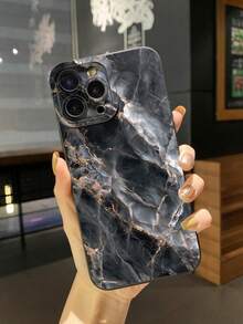1pc Black Marble Pattern Shockproof Phone Case, UV Printed Compatible With IPhone, /Galaxy, Infinix, Compatible With Redmi, OPPO, VIVO, Realme - Black - View 5