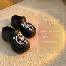 女士夏季新款EVA镂空套脚凉鞋，厚底增高，室内、室外、通勤、海滩、休闲穿着皆宜 - 黑色 - 查看 2