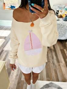 1pcs 3d Pattern Patch Off-Shoulder Long-Sleeved Sweatshirt, Sailboat Pattern, One-Shoulder Pullover, Autumn And Winter New Style, Women's Clothing - 淡黃色 - 查看 3