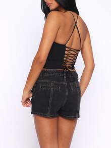 Women's Y2K Halter Scoop Neck Crop Tank Tops Tie Back Sleeveless Summer Cami Tops - màu đen - Xem 3