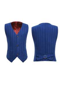 Boys Royal Blue Striped Blazer 3-Piece Suit Set | Kids Vest Dress Pants Jacket Outfit | Halloween Christmas Birthday Party, Easter Wedding Formal Attire, Children's Pageant Tuxedo Suits - 寶藍色 - 查看 3