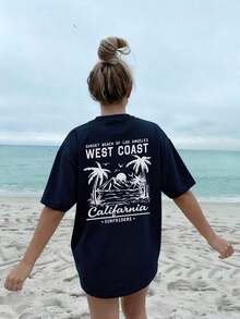 Summer Tops Mother's DayWomen's New Summer Casual Round Neck Short Sleeve T-Shirt, Simple Versatile Palm Tree Slogan Print, Suitable For Daily Wear. Graphic Tee, Women's T-Shirt Top Vacation.Loose And Comfortablesummer Clothes Easter - 藏蓝色 - 查看 6