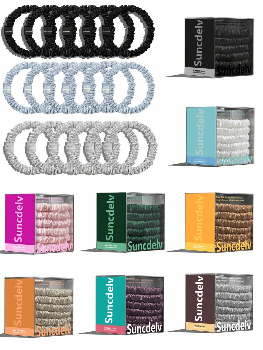 SUNCDELV SLIK 22 Momme 100% Silk Hair Scrunchie Handmade Pure Mulberry Hairbands Silk Hair Ties Scrunchies Set Women Curly Thin Hair Srevela Hair Accessories - Multicolor - View 1