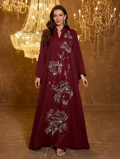  SUPGIR 女士【随机印花】立领长袖手工串珠缎面正式连衣裙