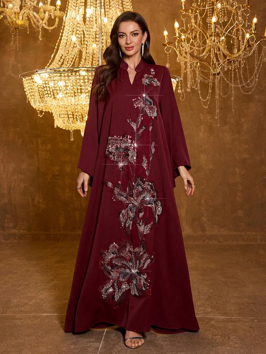 SUPGIR 女士【随机印花】立领长袖手工串珠缎面正式连衣裙 - 酒紅色 - 查看 1