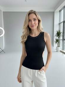 Women's Beaded Tank Top, Solid Color Polyester Backless Tank Top, Fashionable For Dates, Home, Daily Wear, Spring/Summer Casual Black - Black - View 6