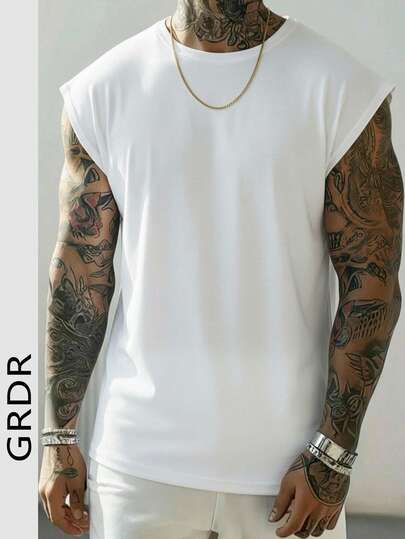  Camiseta de tirantes de cuello redondo de unicolor clásica para hombres GRDR, adecuada para deportes, fitness y uso diario en verano