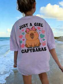 少女休闲紫色印花圆领短袖T恤，夏季上衣 - 紫色 - 查看 9