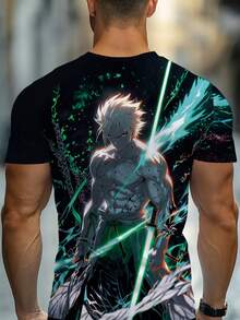 Men's 3D Printed Anime T-Shirt With Full-Body Character Print - Lightweight Breathable Summer Tee, Short Sleeve Round Neck Shirt, Black Base With Green & Blue Anime Graphics, Casual Gym Wear For Manga Fans - 黑色 - 查看 2
