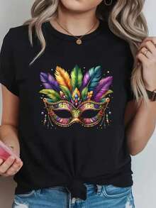 Camiseta Feminina Premium 100% Algodão Confortável Estilosa Soifisticada Modelo: Mascara Penas Carnaval - Novidade Promoção Especial - Preto - Visão 1