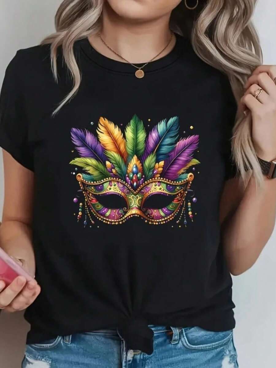 Camiseta Feminina Premium 100% Algodão Confortável Estilosa Soifisticada Modelo: Mascara Penas Carnaval - Novidade Promoção Especial - Preto - Visão 1