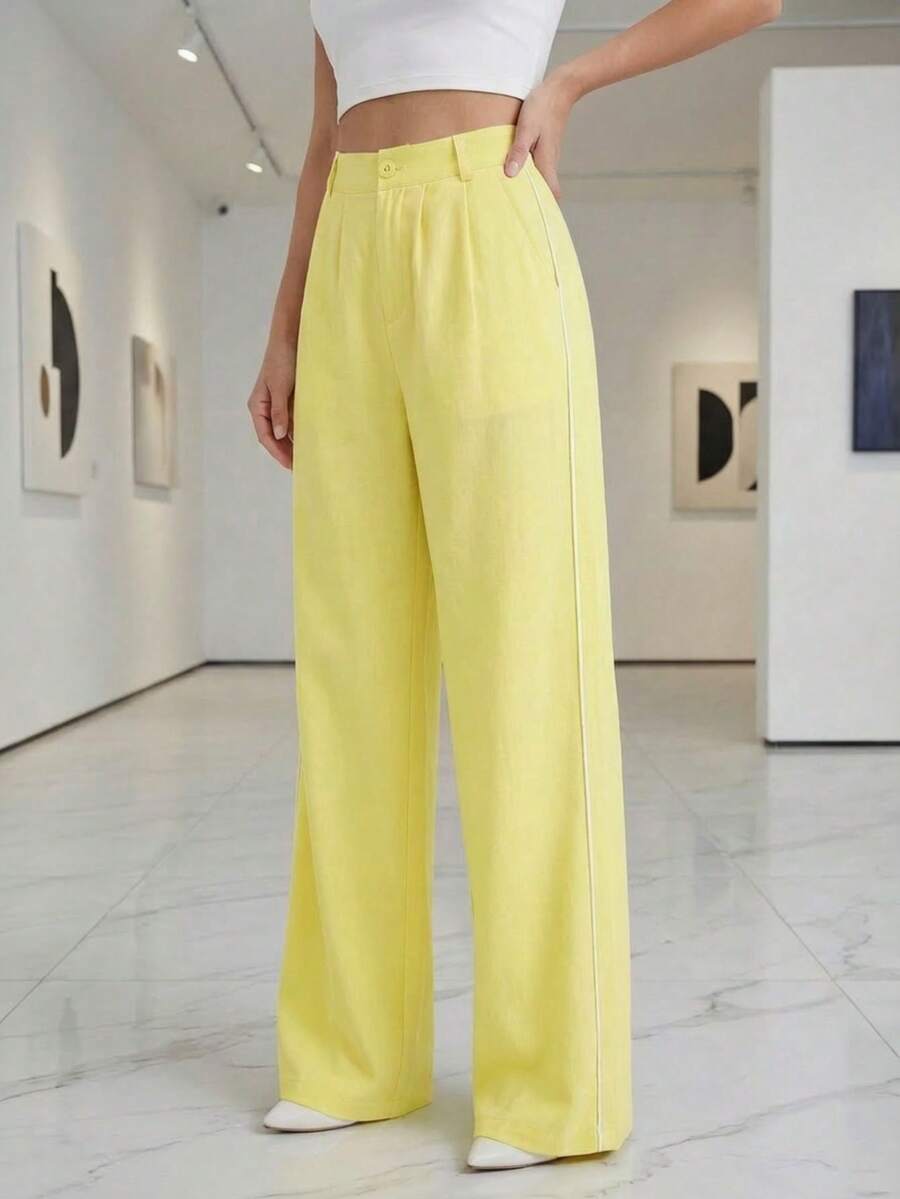 A&DD MODA, REF: AS1807 - Women's High-Waisted, Straight-Leg Trousers With Pockets And Interwoven Stripes On The Sides. For Office, Commuting, Vacation, Afternoon Tea, Events. - Màu vàng - Xem 1