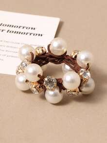 1个女士优雅米色珍珠水钻编织发圈，时尚发髻固定器，潮流发饰，马尾辫发圈，发绳，橡皮筋，发绳，弹力发圈 - 彩色 - 查看 9