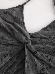 Women's Halter Neck Ripped Tank Top With Irregular Summer Slits - Dark Grey - View 4