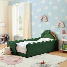 YOGLAD Twin Size Dinosaur Shaped Upholstered Bed Frame, 3D Dinosaur Headboard Platform Bed With Padded Guardrails, Bouclé Fabric Floor Bed, Solid Wood Slats And Reinforced Metal Frame, Space Saving Bed For Small Bedroom, Apartment, Modern Home Decor - màu xanh lá - Xem 6