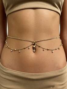 Gold Rhinestone Tassel Zirconia Belly Button Ring With Body Chain - Yellow Gold - View 9