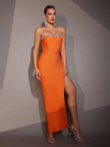 Modphy 优雅水钻装饰抹胸鸡尾酒礼服，适合假日派对 - 橘色 - 查看 3