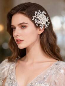 1件优雅白色仿珍珠发梳，新娘婚礼头饰 - 白色 - 查看 1