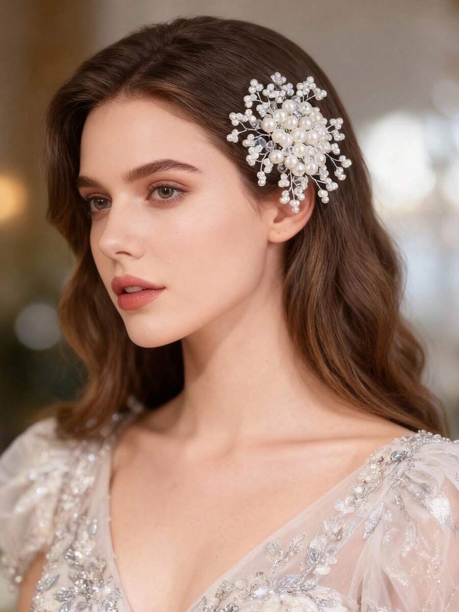 1件优雅白色仿珍珠发梳，新娘婚礼头饰 - 白色 - 查看 1