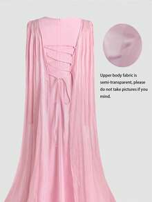 Women's Solid Color Woven Shawl Collar Ruched Waist A-Line Double Layer Lined Elegant Chic Vacation Wedding Arabic Dress - Pink - View 5