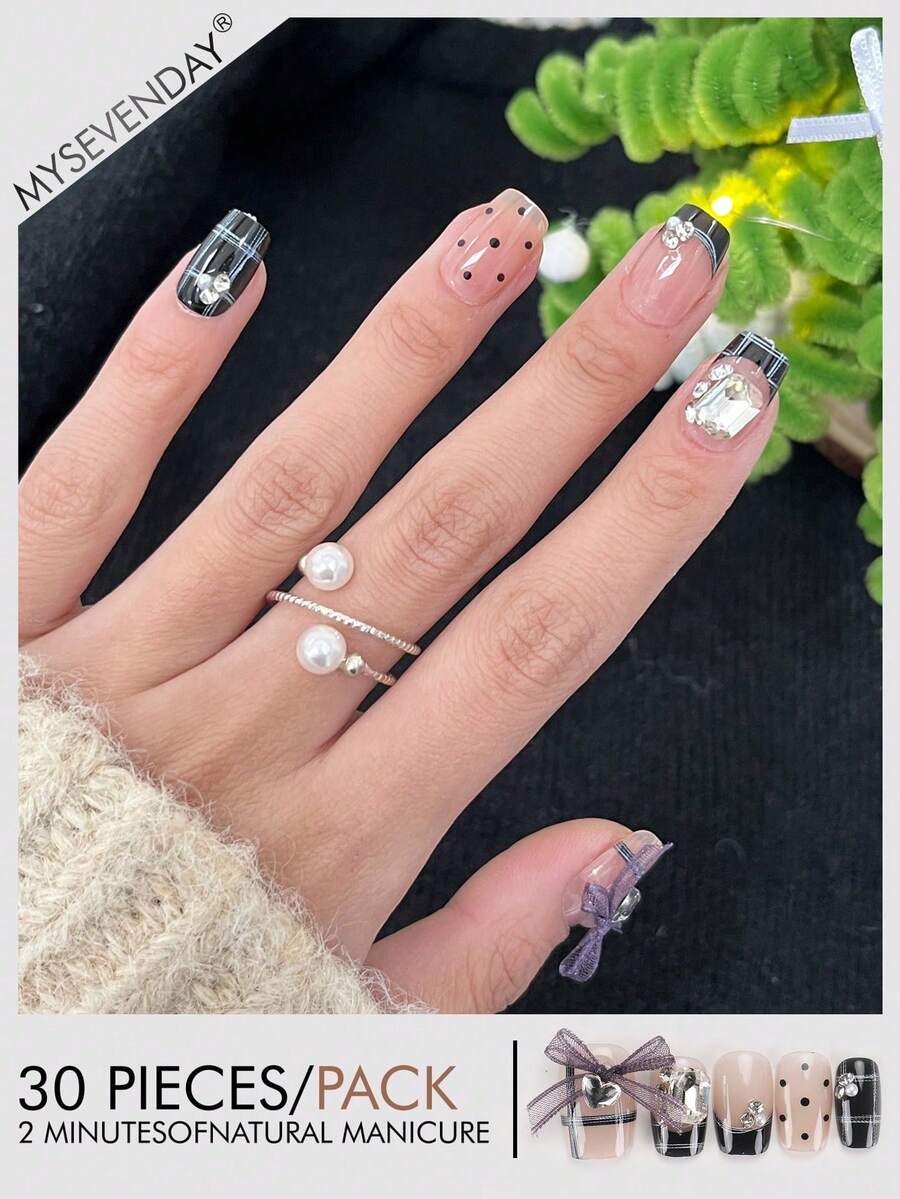 30pcs Square Short Black Polka Dot Plaid Striped Pattern Pearl Rhinestone Decorated False Nails, Comes With Glue And Nail File, Suitable For Party And Daily Use, Reusable, Can Enhance Your Elegance Nail Supplies - Multicolor - View 1