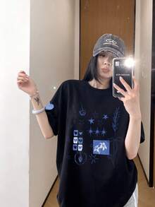 1件装 女士休闲宽松乡村风星形印花撞色T恤，时尚韩版学院风，圆领上衣，2026春夏款 - 黑色 - 查看 2