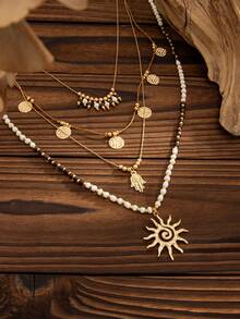 2pcs/Set Bohemian CCB Beaded Sunflower Pendant Necklace Chain, Elegant Fashion For Party, Street Style, Couple Date, Women's Holiday Versatile Jewelry Necklace - Necklace - View 7