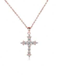 Dây chuyền mặt thánh giá bằng bạc 925 đính đá Cubic Zirconia, thiết kế tối giản cổ điển, phù hợp cho nữ, đeo hàng ngày, quà tặng sinh nhật. - Hoa hồng vàng - Xem 1