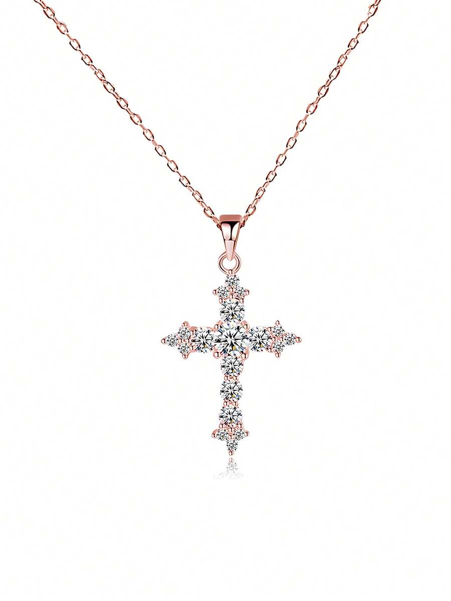 Dây chuyền mặt thánh giá bằng bạc 925 đính đá Cubic Zirconia, thiết kế tối giản cổ điển, phù hợp cho nữ, đeo hàng ngày, quà tặng sinh nhật. - Hoa hồng vàng - Xem 1