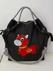 1pc Fashion Versatile Embroidered Cartoon Horse Pattern Tote Bag, Lightweight Commuter Nylon Foldable Bag - Multicolor - View 4