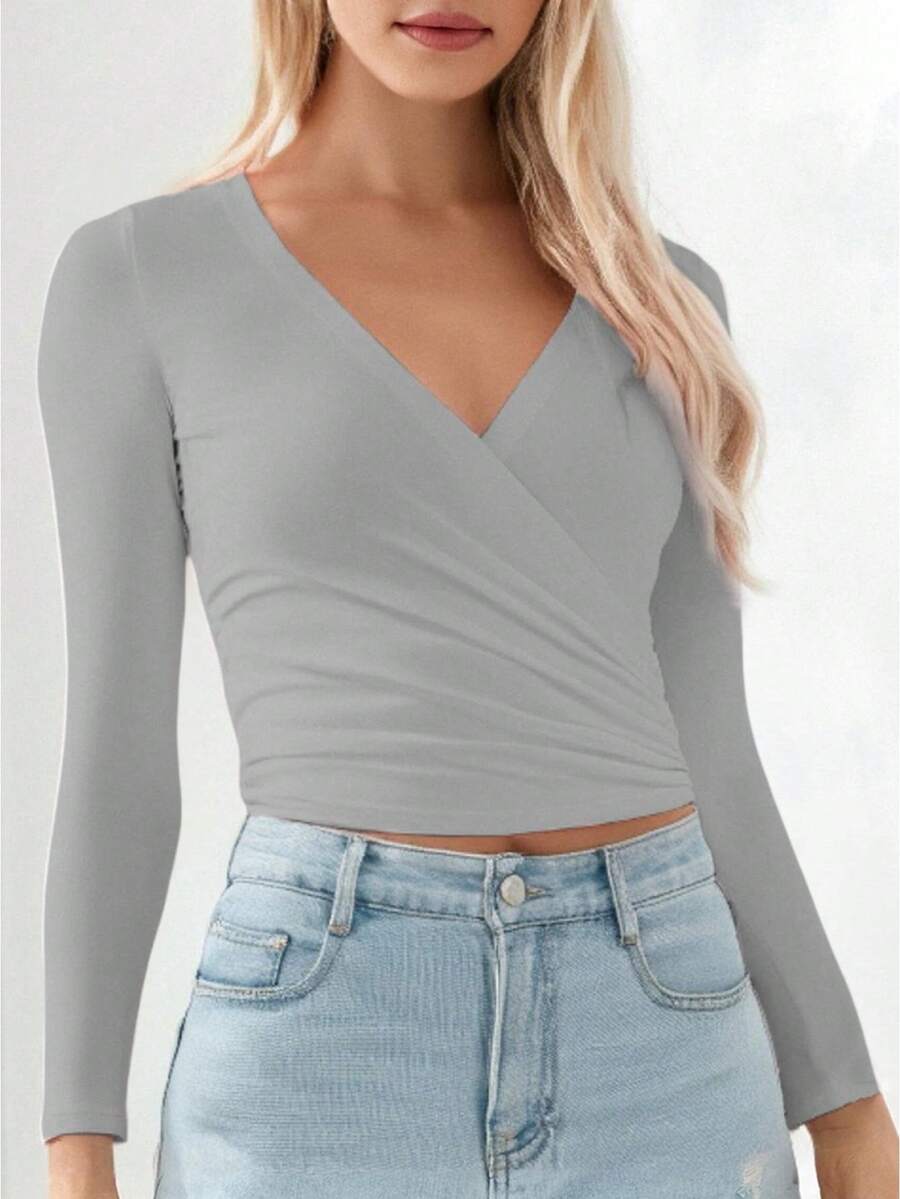 Women Ballet Wrap Top V Neck Solid Long Sleeve Self Tie Dance Shirt Pilates Yoga Tops Y2k Workout Active Blouses Clubwear For Daily Party - 淺灰色 - 查看 1