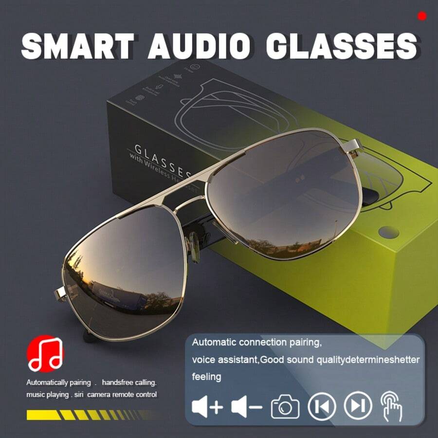 Unisex Polarized Smart Bluetooth Glasses | Hands-Free Calls & Music | Fashion Audio Glasses, Metal Frame, Polarized Lens, Lightweight, Best Gift! - 黑色 - 查看 1