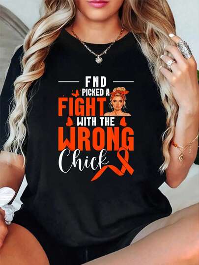 100% Cotton FND Awareness Fight Wrong Chick Neurological Disorder T-Shirt Women's Vintage Relaxed Fit Tee Premium Soft Tops Printing Round Neck Fashion Shirts
