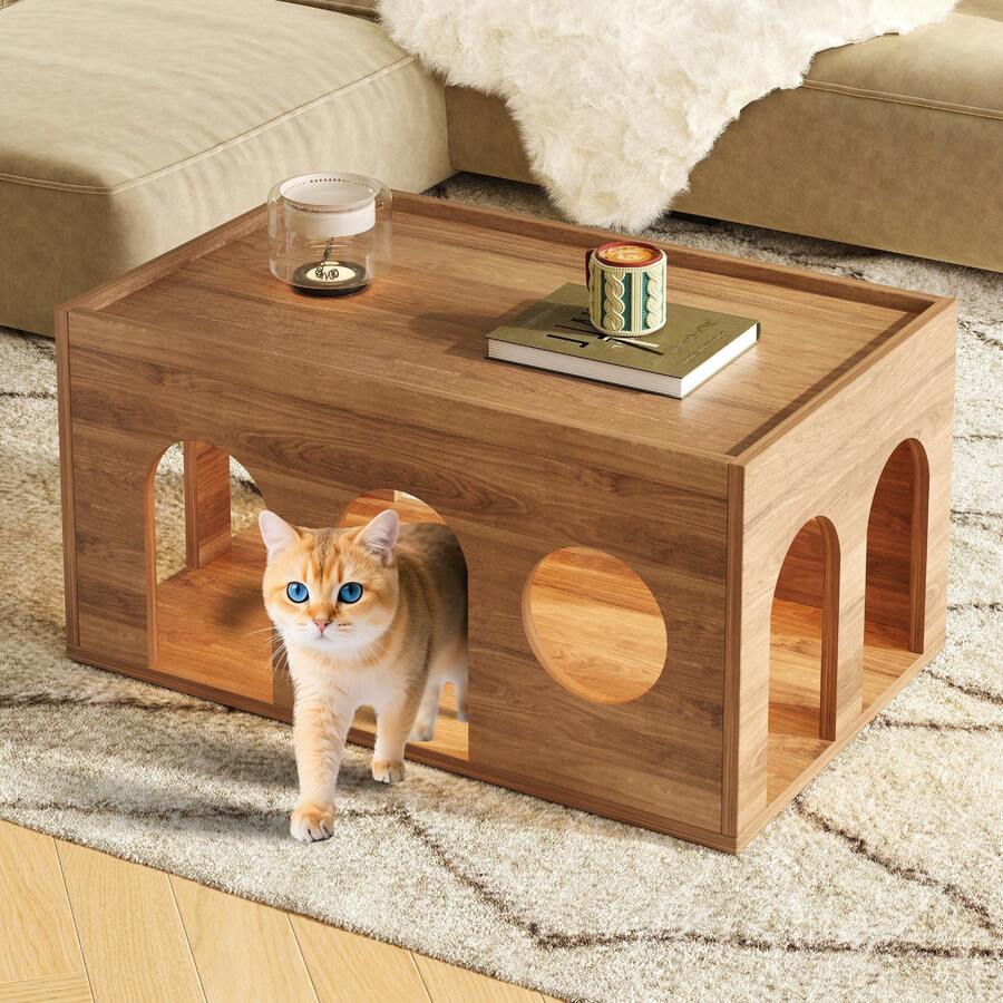Pet-Friendly Coffee Table, Tea Table With Cat Hole, 80 * 50 * 40 Cm, Natural Walnut Finish - Khaki - View 1