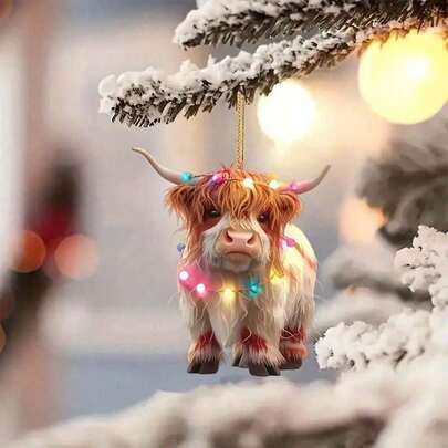 1 pieza Adorno navideño de vaca de las tierras altas adorable, 1 pieza Decoración acrílica 2D, no tradicional y adorable, adecuada para colgar en el árbol de Navidad, decoraciones navideñas para el hogar, regalos de Navidad, decoración navideña WH9D